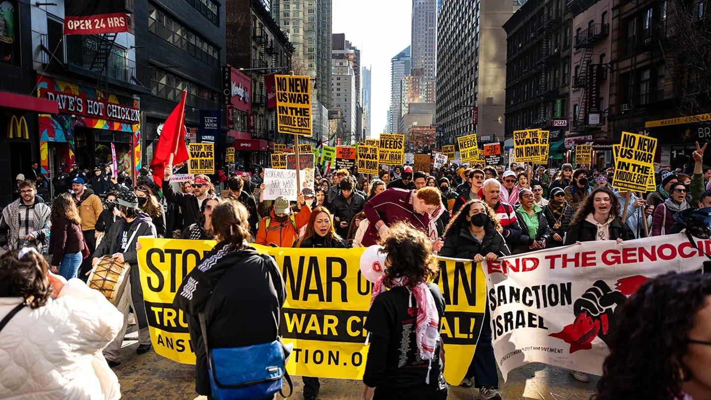 Demonstrators march during a protest against war in Iran in New York City on Saturday, Feb. 28, 2026.