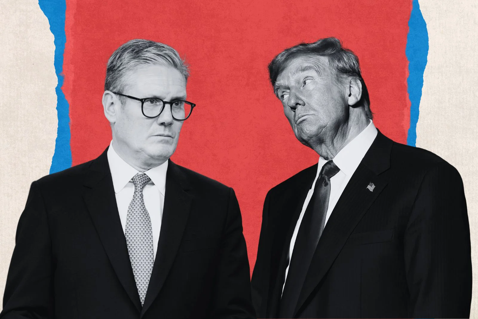 ‘Trump holds grudges, and that’s what Starmer will be most worried about,’ says Shehab Khan. Artwork by Hyphen/Photographs by Thierry Monasse/Anna Moneymaker/Getty Images