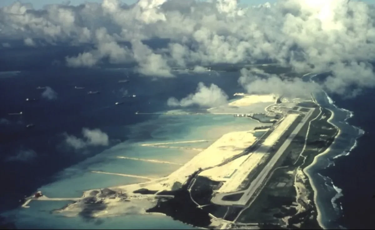 An aerial view of America's leased Diego Garcia military base in the Indian Ocean