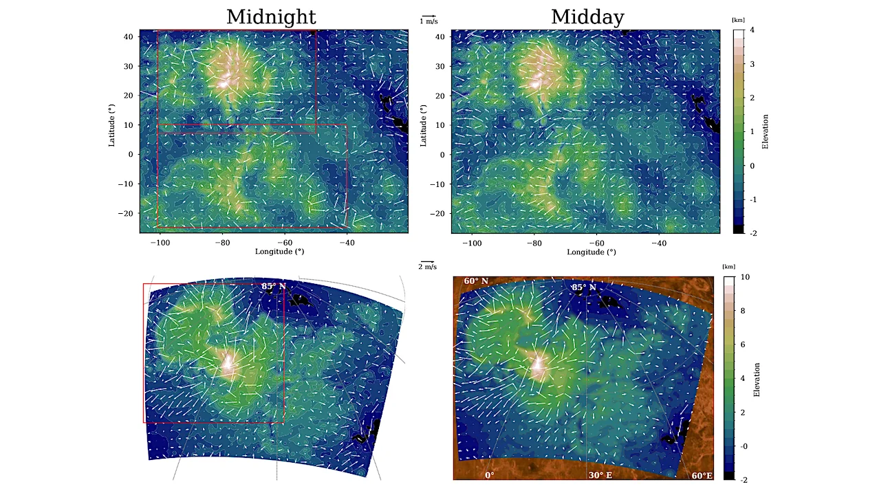 Snapshots maps of horizontal winds 10 m above the local surface (m s−1 ) at midday (left) and midnight (right) in the centre of the Equatorial (top) and Polar (bottom) domain. Squares are the domains for Phoebe Regio, Beta Regio and Ishta Terra shown in Fig 3. — astro-ph.EP
