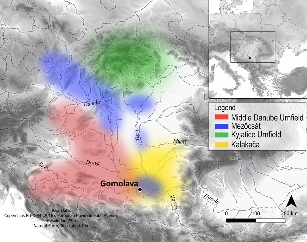 Map showing the location of Gomolava and the early first-millennium BC archaeological ceramic typo-chronology groups in the Southwest Carpathian Basin. (CREDIT: Caroline Bruyère and Hannes Schroeder)