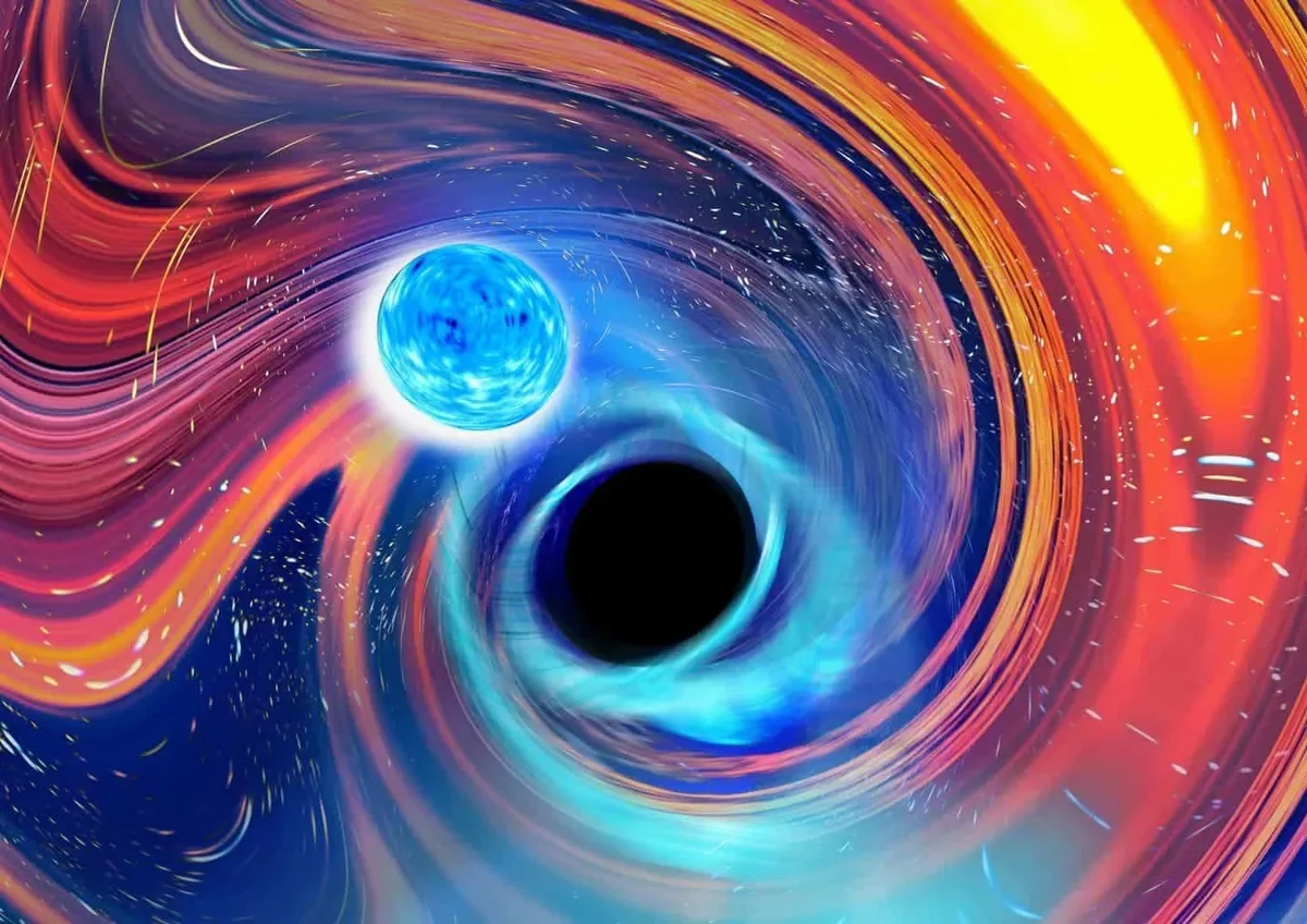 An illustration of a neutron star-black hole mixed merger (Image credit: Carl Knox, OzGrav – Swinburne University)