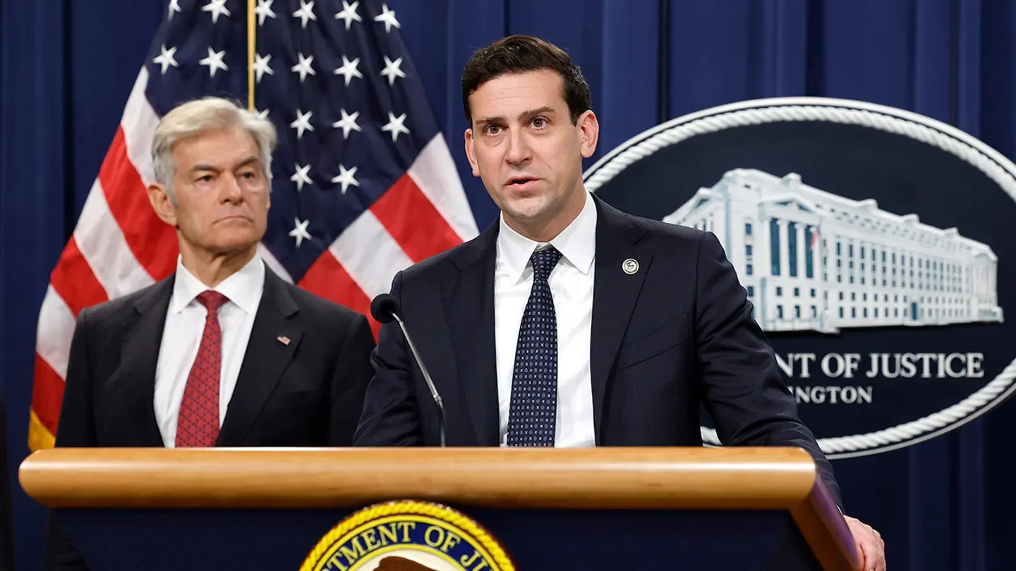 Matthew Galeotti, former head of the Justice Department’s Criminal Division, joined by Administrator for the Centers for Medicare and Medicaid Services Mehmet Oz, delivers remarks during a press conference announcing the largest healthcare fraud case in history, at the DOJ on June 30, 2025, in Washington, D.C. (Kevin Dietsch/Getty Images)