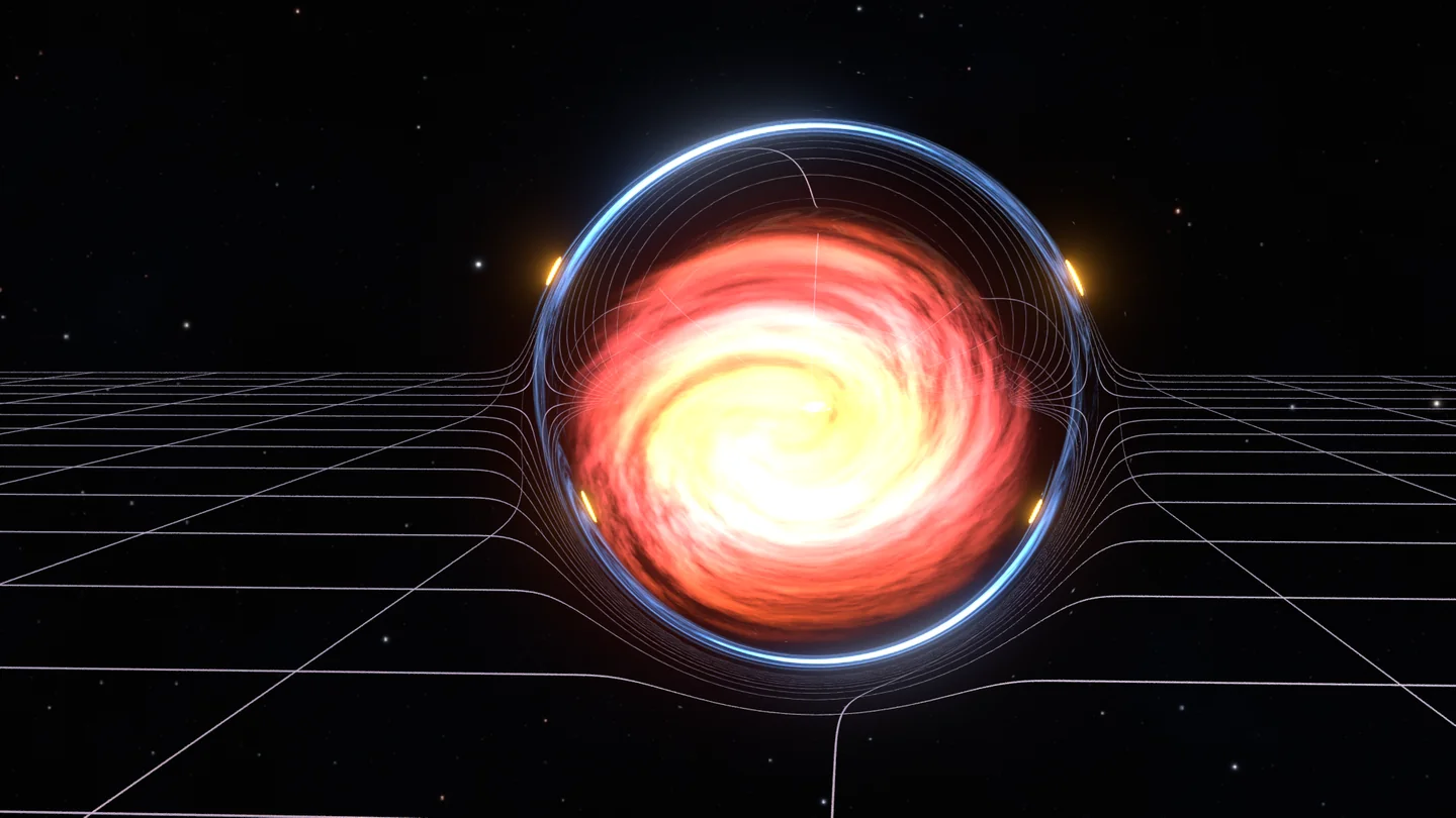 An artist’s interpretation of light from a supernova passing through a gravitational lens, reaching Earth at different times. Credit: Oskar Klein Center, University of Stockholm / Samuel Avraham & Joel Johansson.