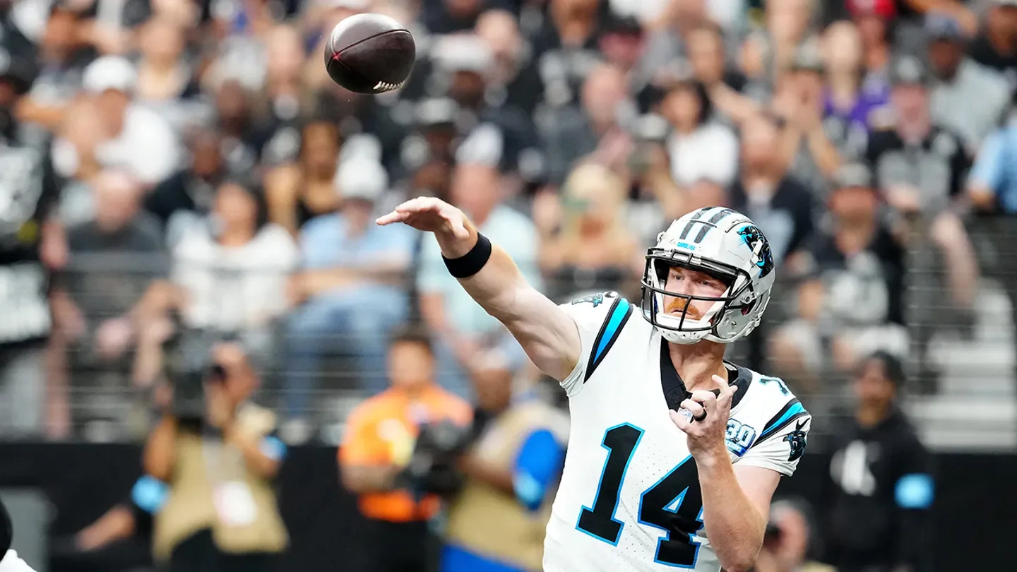 Carolina Panthers quarterback Andy Dalton throws a pass against the Las Vegas Raiders during the second quarter at Allegiant Stadium. (Stephen R. Sylvanie/Imagn Images)