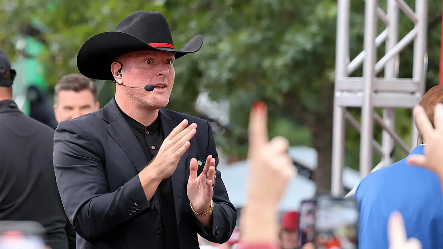 Pat McAfee takes the stage at "ESPN College GameDay" ahead of the University of Oklahoma–Michigan college football game in Norman, Oklahoma, on Sept. 6, 2025. (IMAGN)