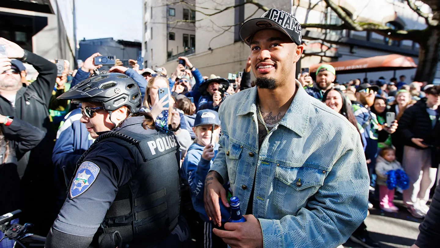 Seattle Seahawks wide receiver Jaxon Smith-Njigba during the Super Bowl LX parade on Feb. 11, 2026. (Kevin Ng/Imagn Images)