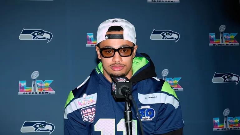 Seattle Seahawks wide receiver Jaxon Smith-Njigba speaks during a news conference on Feb. 4, 2026, in San Jose, Calif., ahead of Super Bowl 60 between the New England Patriots and the Seattle Seahawks. Credit: AP/Brynn Anderson