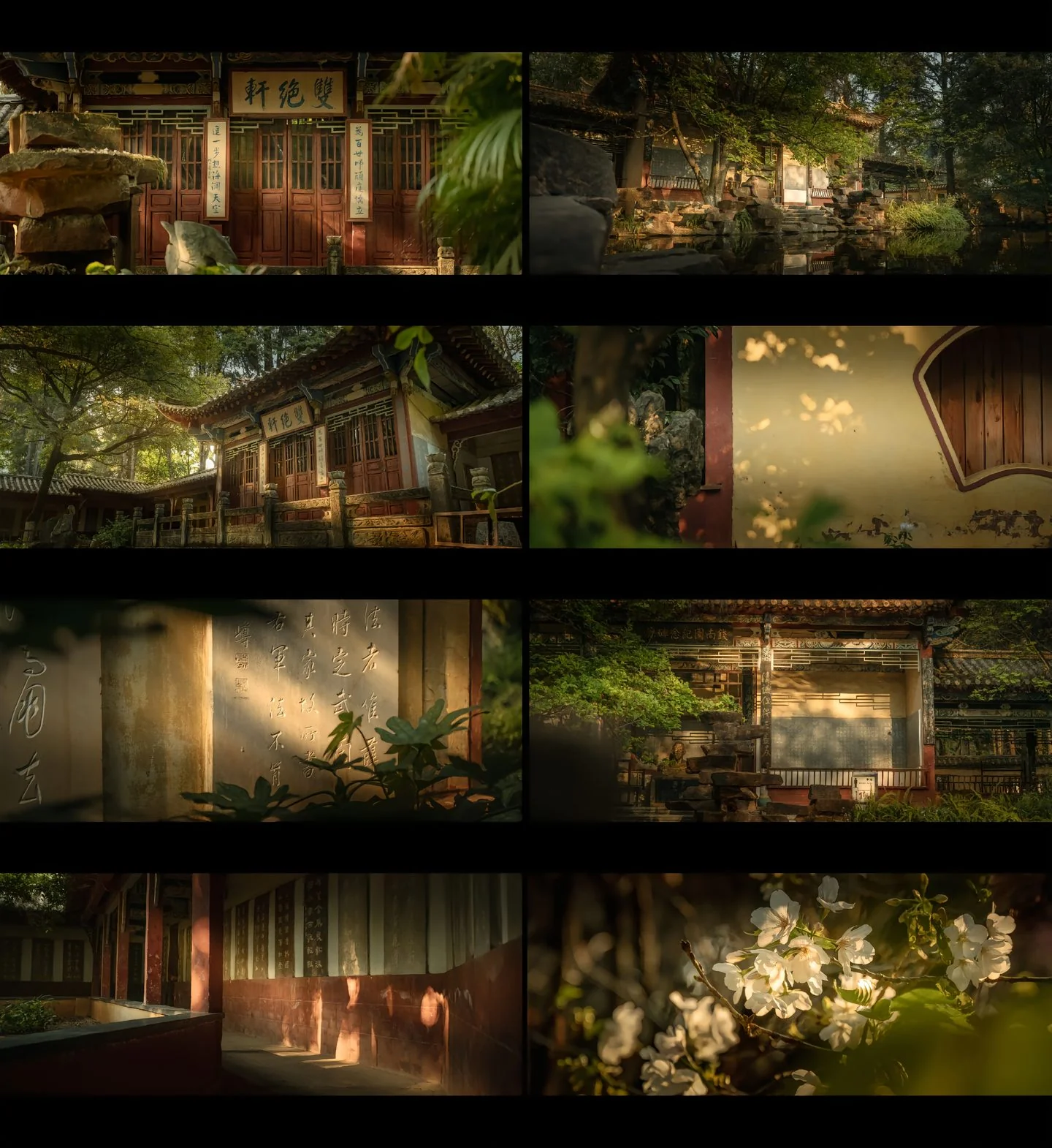 A photographic study of Kunming’s cultural heritage, showing details of stone calligraphy, cherry blossoms, and traditional Ming-Qing style architecture in Yunnan.