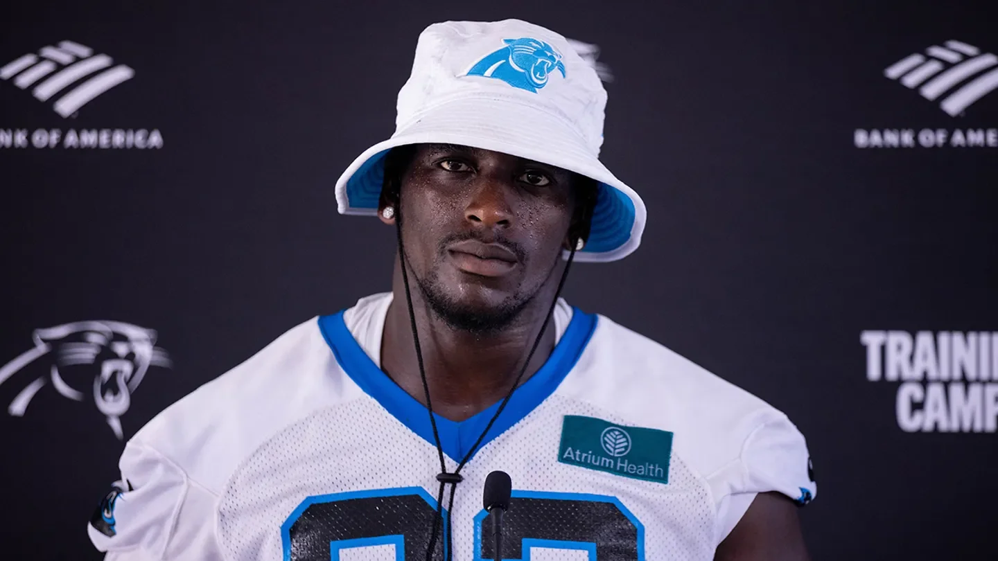 Carolina Panthers defensive tackle Tershawn Wharton (92) talks to the media after practice at training camp on July 24, 2025. (Scott Kinser/Imagn Images)