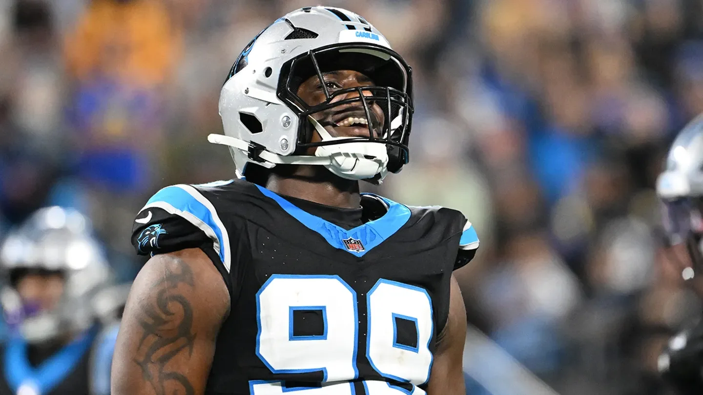 Carolina Panthers defensive tackle Tershawn Wharton (99) reacts in the third quarter in an NFC Wild Card Round game at Bank of America Stadium on Jan. 10, 2026. (Bob Donnan/Imagn Images)