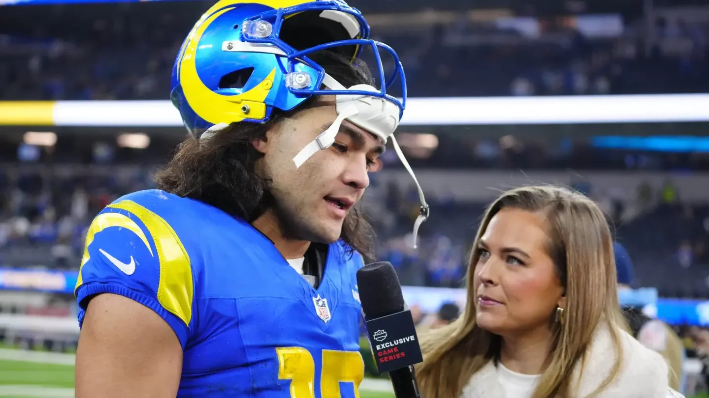 NFL Network reporter Jamie Erdahl interviews Los Angeles Rams wide receiver Puka Nacua after a game against the Arizona Cardinals at SoFi Stadium Dec. 28, 2024, in Inglewood, Calif. (Kirby Lee/Imagn Images)