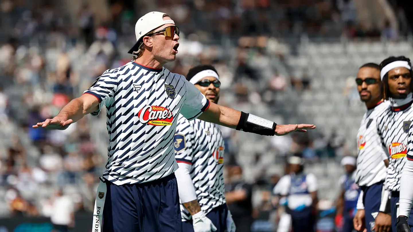 Founders FFC's Tom Brady reacts to a call made by the referee against the U.S. National Flag team during the Fanatics Flag Football Classic March 21, 2026, in Los Angeles.  (AP Photo/Caroline Brehman)