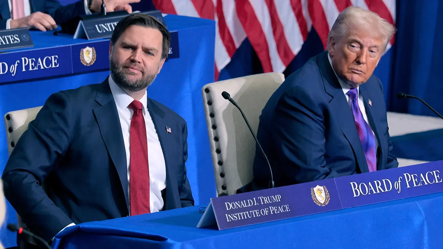 Vice President JD Vance and President Donald Trump attend the inaugural meeting of the Board of Peace at the Donald J. Trump Institute of Peace on Feb. 19, 2026, in Washington, D.C.  (Chip Somodevilla/Getty Images)