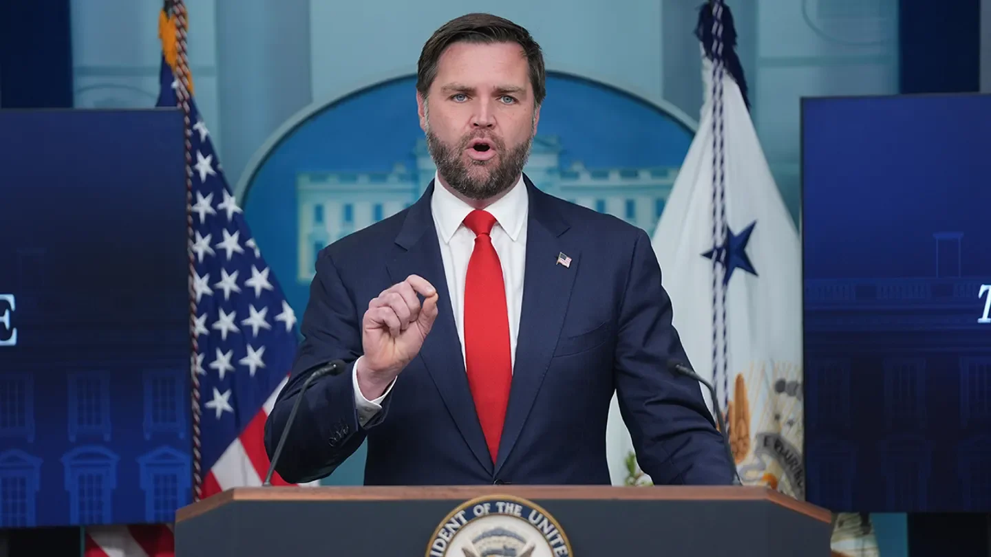Vice President JD Vance speaking with reporters in the James S. Brady Press Briefing Room at the White House, Oct. 1, 2025. (Evan Vucci/The Associated Press)