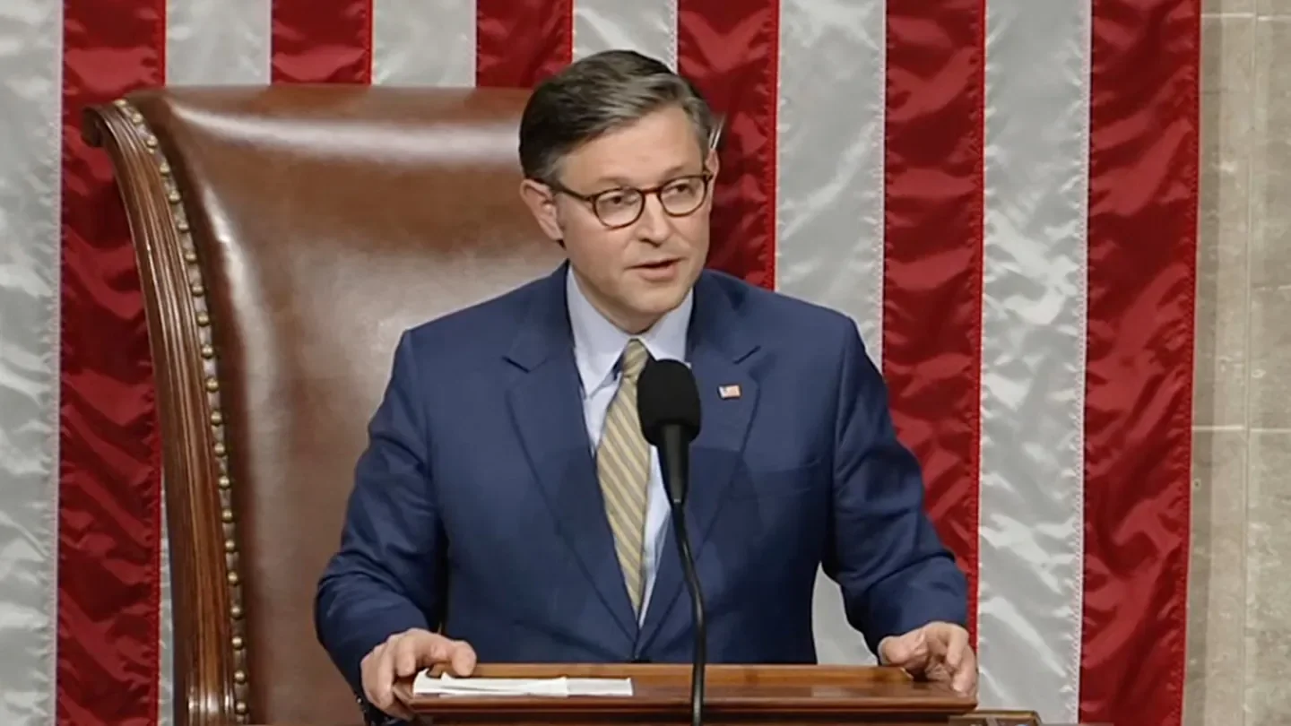 Speaker of the House Mike Johnson, R-La., announces the final vote total after the House of Representatives passed President Donald Trump's big bill of tax breaks and program cuts after an all-night session at the U.S. Capitol in Washington, D.C., on Thursday, May 22, 2025. ( Television via AP)