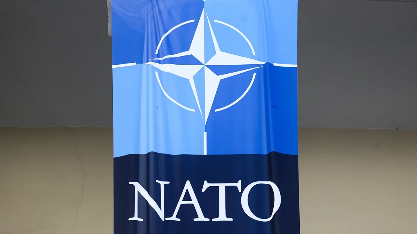The NATO emblem in the city, in Vilnius, Lithuania on July 12, 2023. (Jakub Porzycki/NurPhoto via Getty Images)