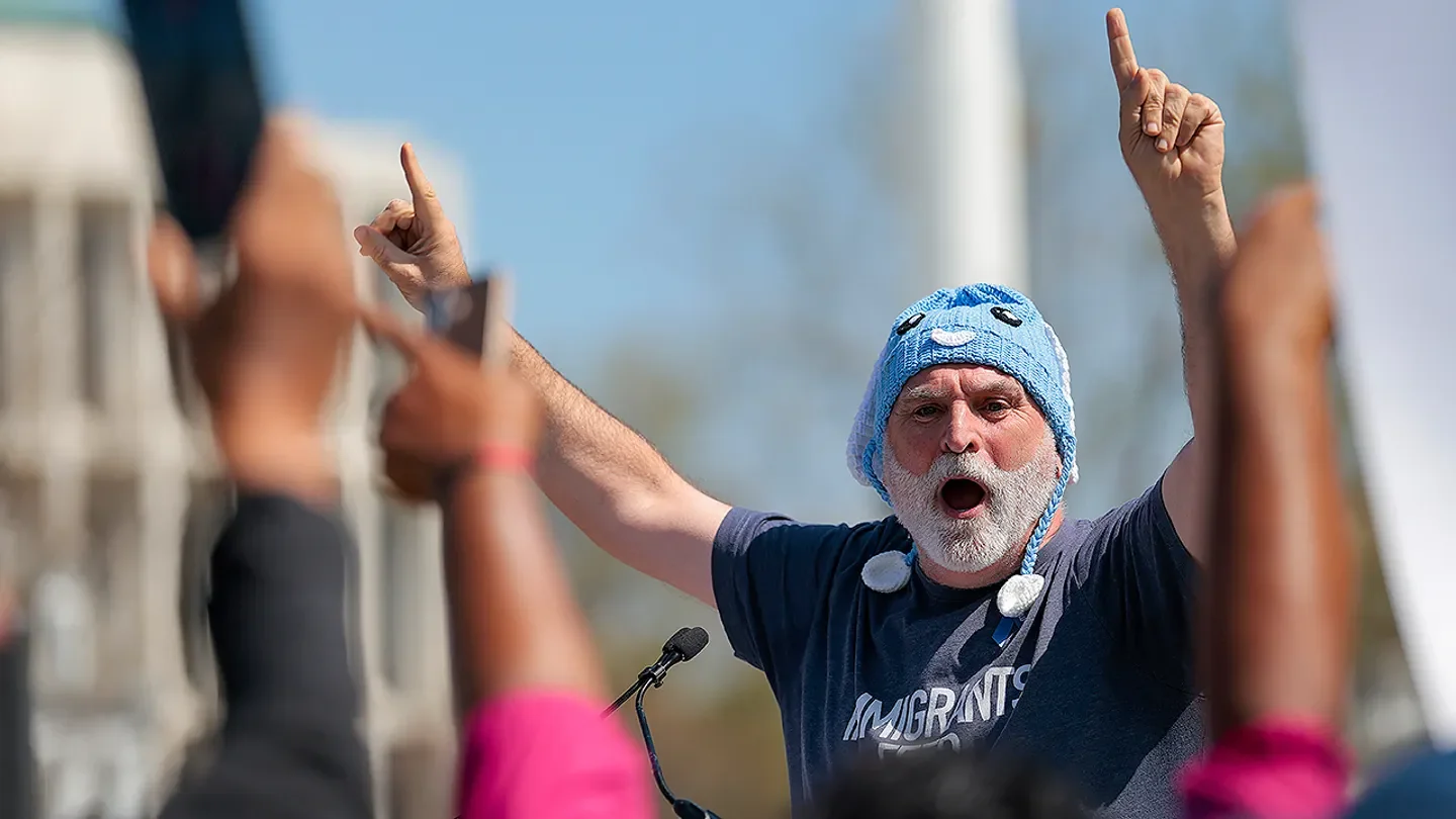 Well-known D.C. chef and activist José Andrés leads protesters outside the Supreme Court on Wednesday, April 1, 2026. (Photo by Heather Diehl/Getty Images)