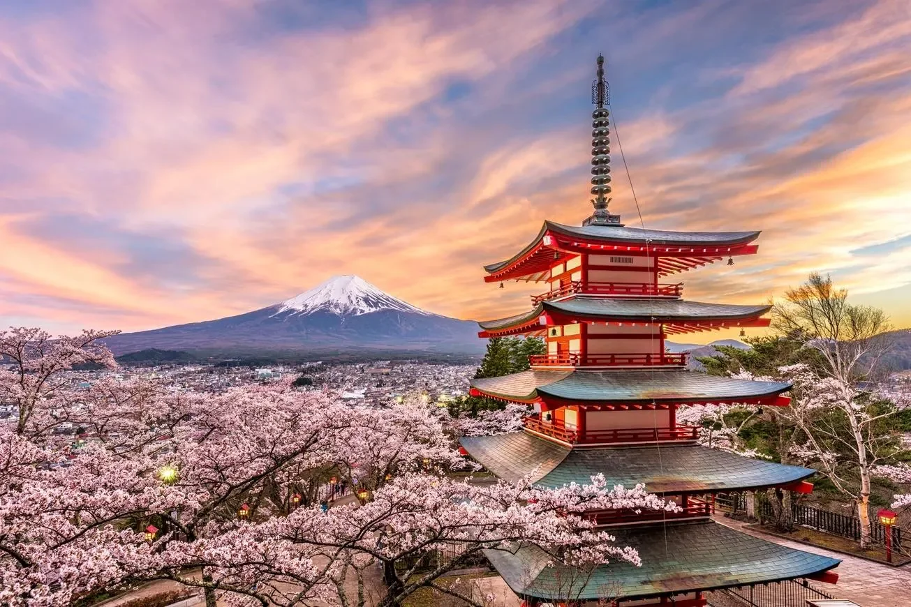 Fujiyoshida, Japan at Chureito Pagoda and Mt. Fuji in the spring with cherry blossoms. getty