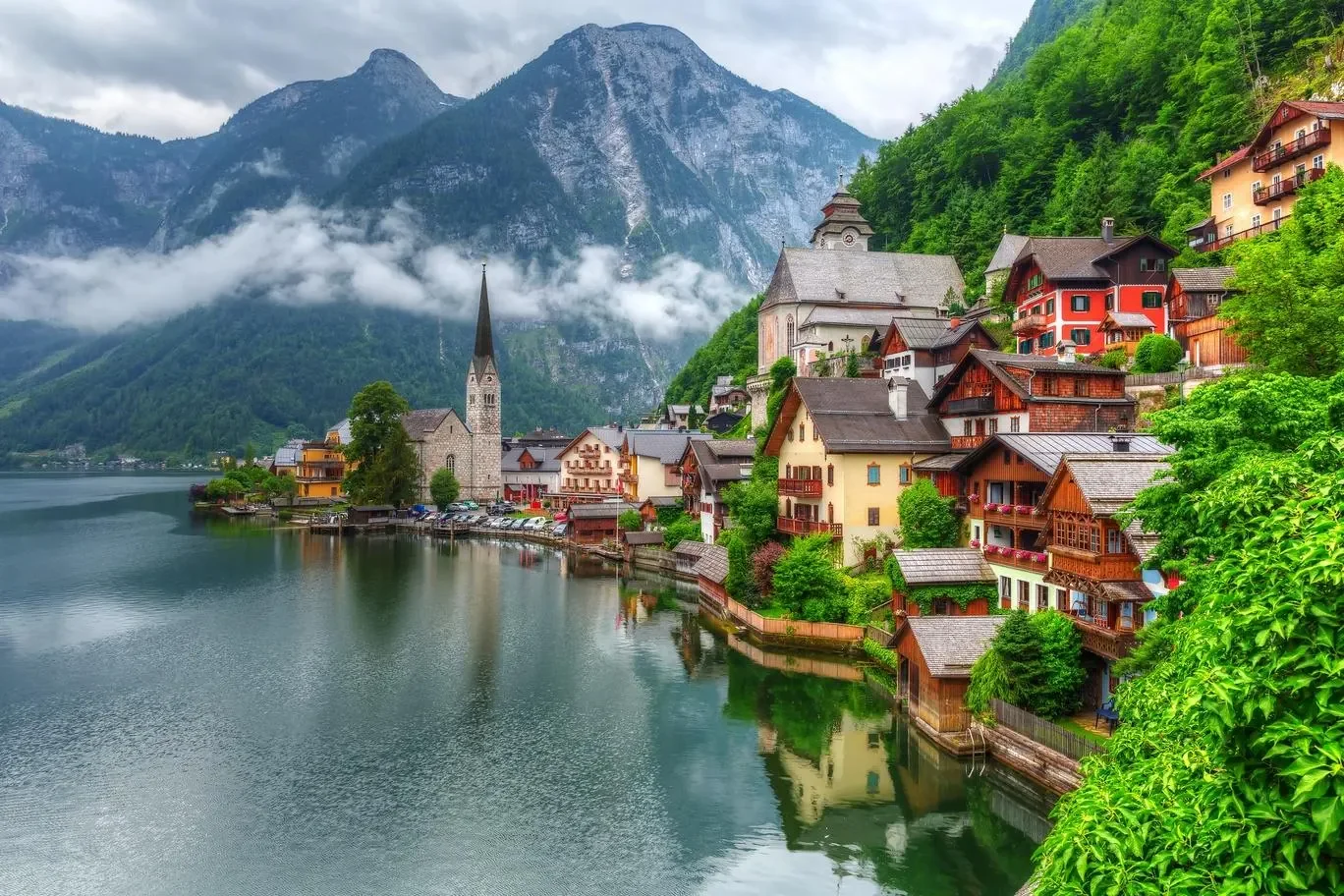Hallstatt village in Alps at cloudy day, Austria getty