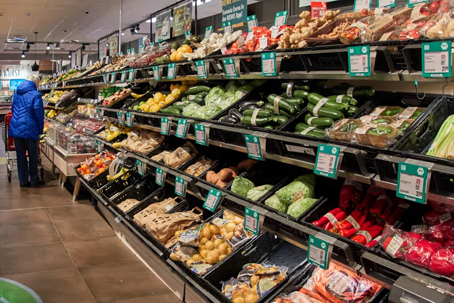 Vegetables in a super market are pictured in Wehrheim near Frankfurt, Germany, Tuesday, March 31, 2026. (AP Photo/Michael Probst)