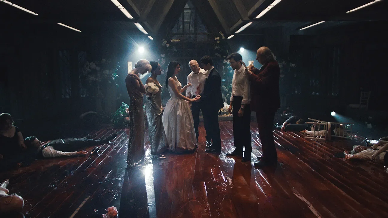 Left to right: Gus Birney as Portia, Karla Crome as Nell, Morrone as Rachel, Ted Levine as Boris, DiMarco as Nicky Cunningham, Jeff Wilbusch as Jules with Zlatko Burić. Courtesy of Netflix