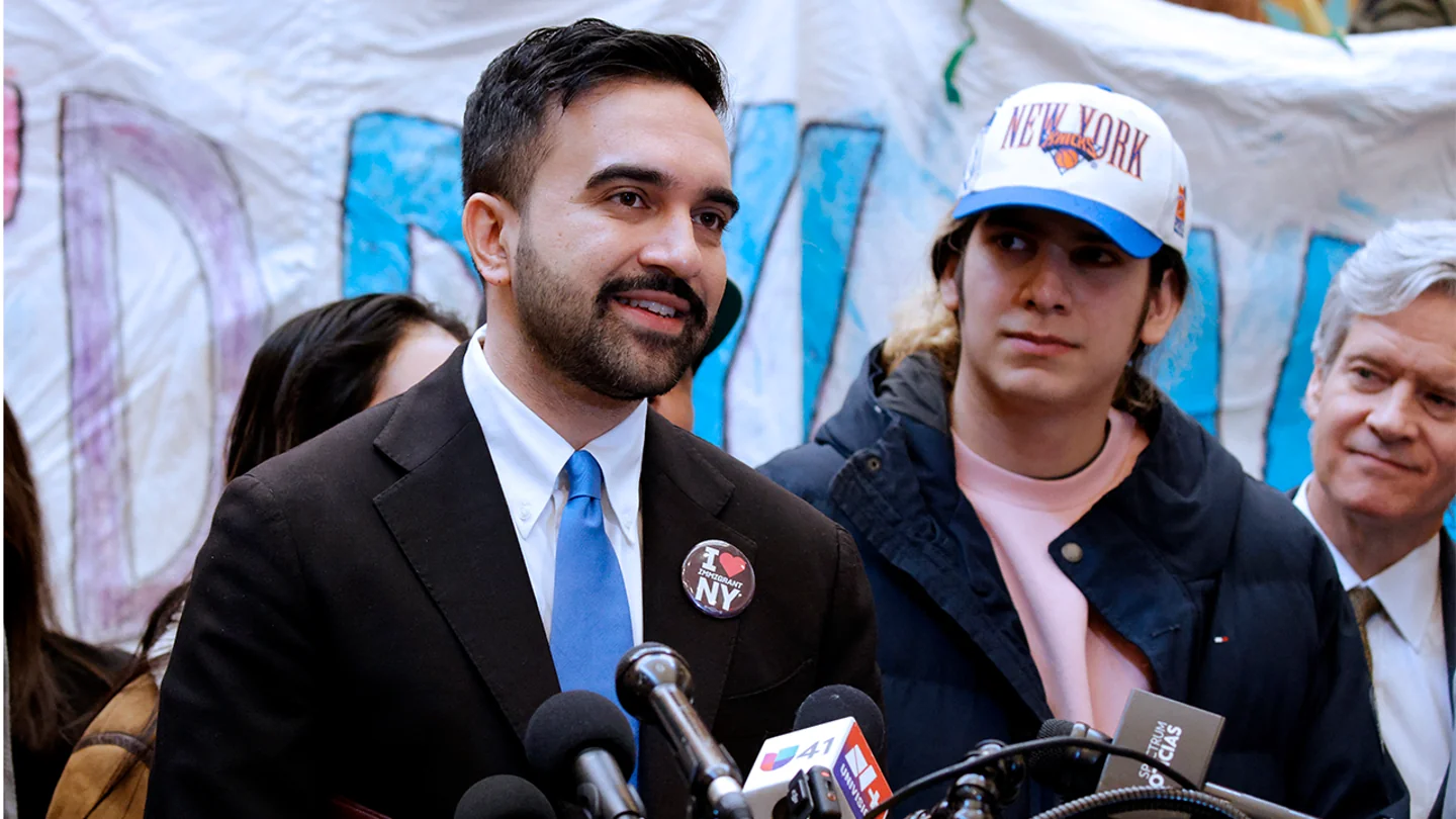 Mayor of New York Zohran Mamdani next to Dylan Contreras, a high school student who was recently released from federal custody, speaks during a press conference at Middle Collegiate Church in New York City on March 19, 2026. (Leonardo Munoz/AFP via Getty Images)