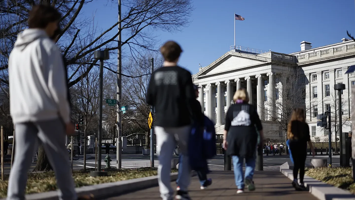 Pedestrians near the U.S. Treasury building in Washington, D.C., Dec. 30, 2022.  (Ting Shen/Bloomberg via Getty Images / Getty Images)