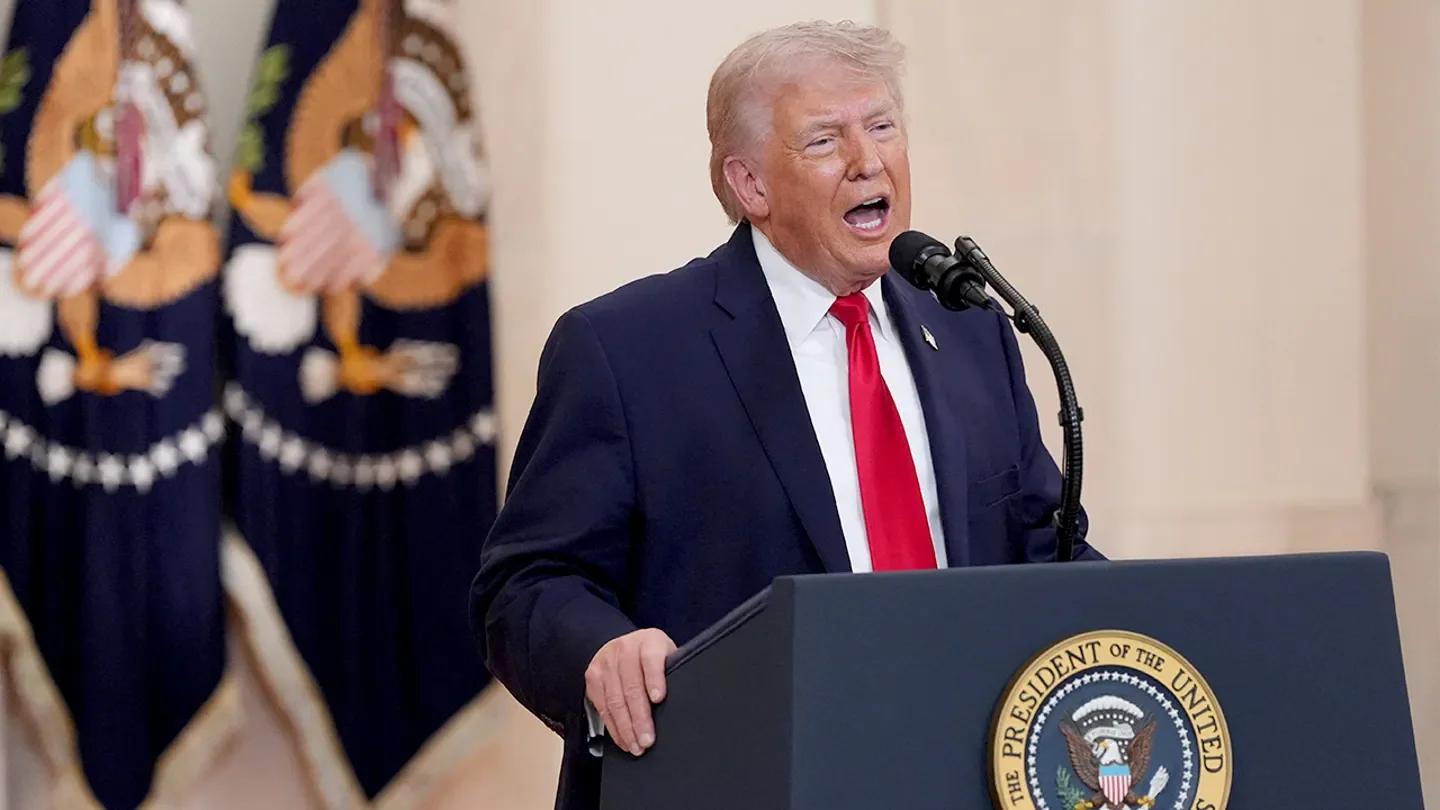 President Donald Trump delivers an address to the nation about the Iran war at the White House in Washington, D.C., on April 1, 2026. (Alex Brandon/Pool via Reuters)
