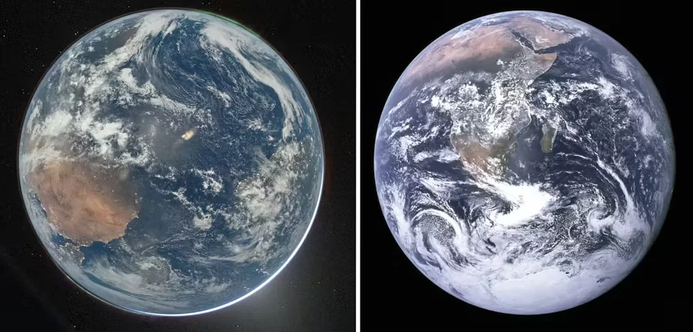 Left: Earth as captured by Artemis II astronaut Reid Wiseman in 2026; right: Earth captured aboard the Apollo 17 mission in 1972. Nasa
