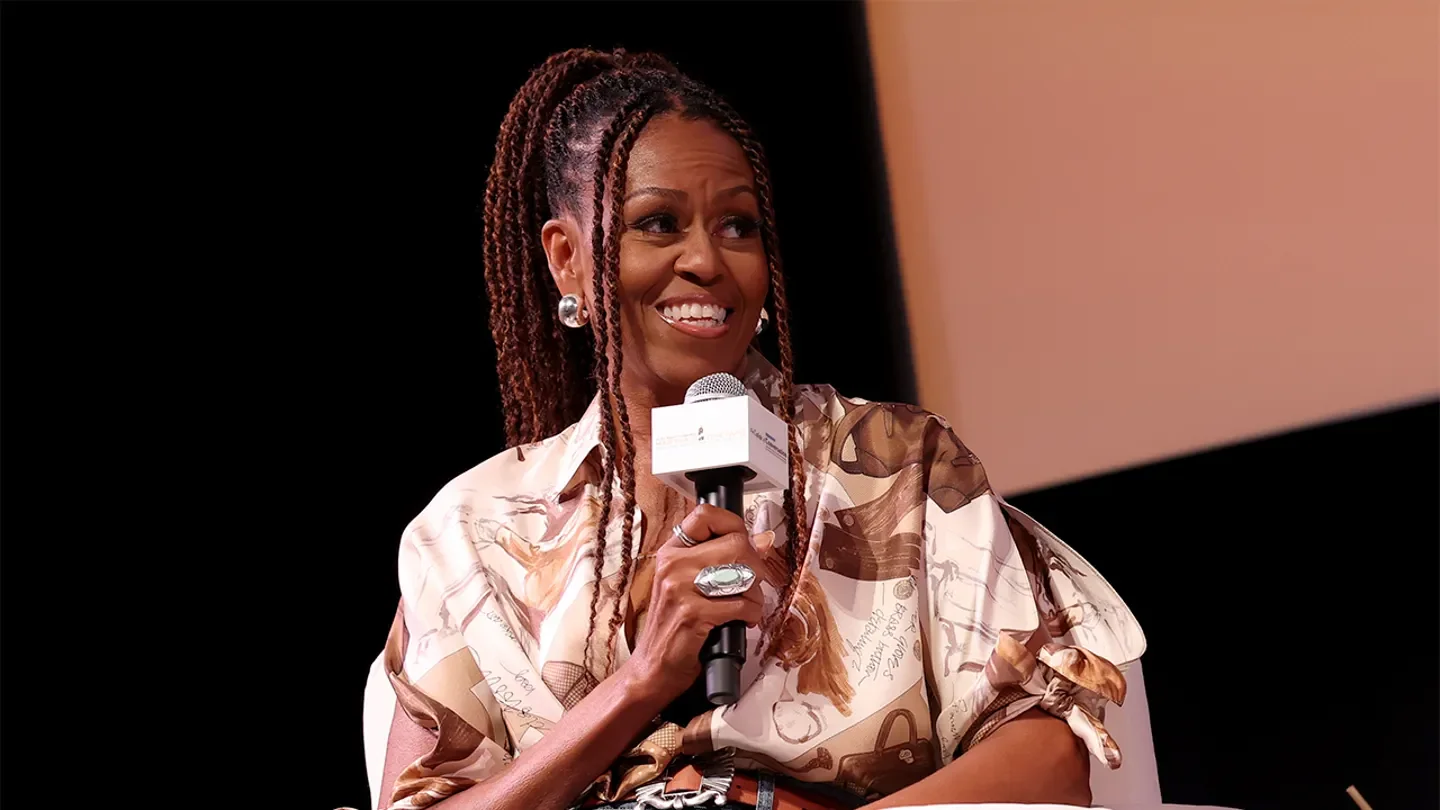 Michelle Obama speaks during Higher Ground's "IMO with Michelle Obama & Craig Robinson" podcast during 2025 Martha's Vineyard African American Film Festival at Martha's Vineyard Performing Arts Center on August 9, 2025, in Martha's Vineyard, Massachusetts. (Arturo Holmes/Getty Images)