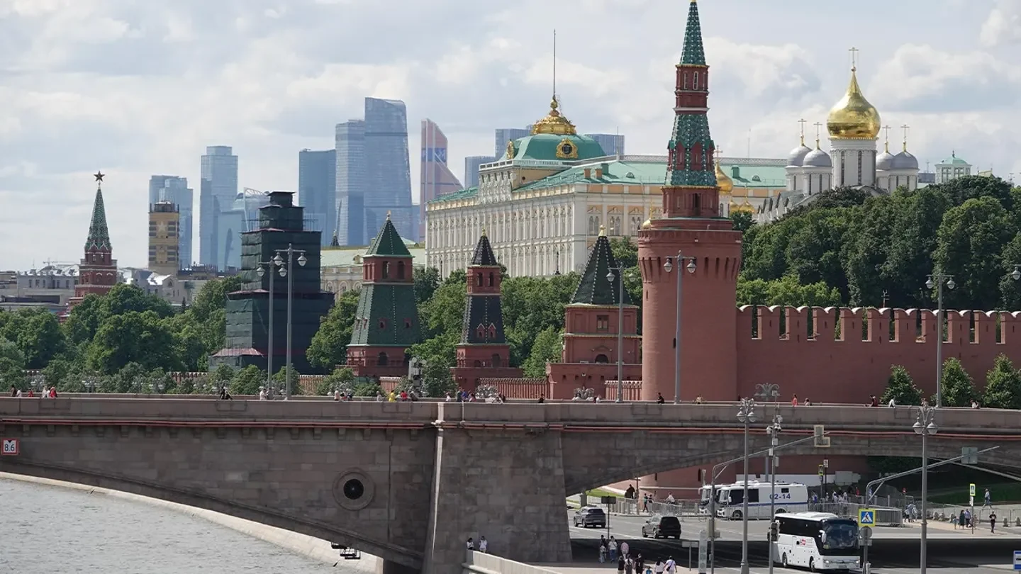 From the Moskva River, the Kremlin and the high-rise and business district of Moskva City (background) can be seen behind the bridge. (Ulf Mauder/picture alliance via Getty Images)
