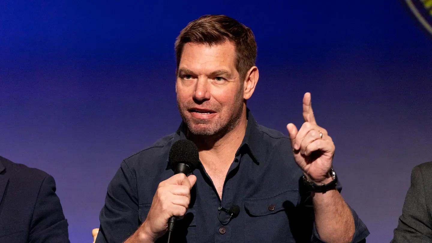 Rep. Eric Swalwell delivers a speech as he attends the SEIU-United Service Workers West's Gubernatorial Candidate Worker Forum at Meruelo Studios in Los Angeles on Jan. 10, 2026. (Etienne Laurent/AFP via Getty Images)
