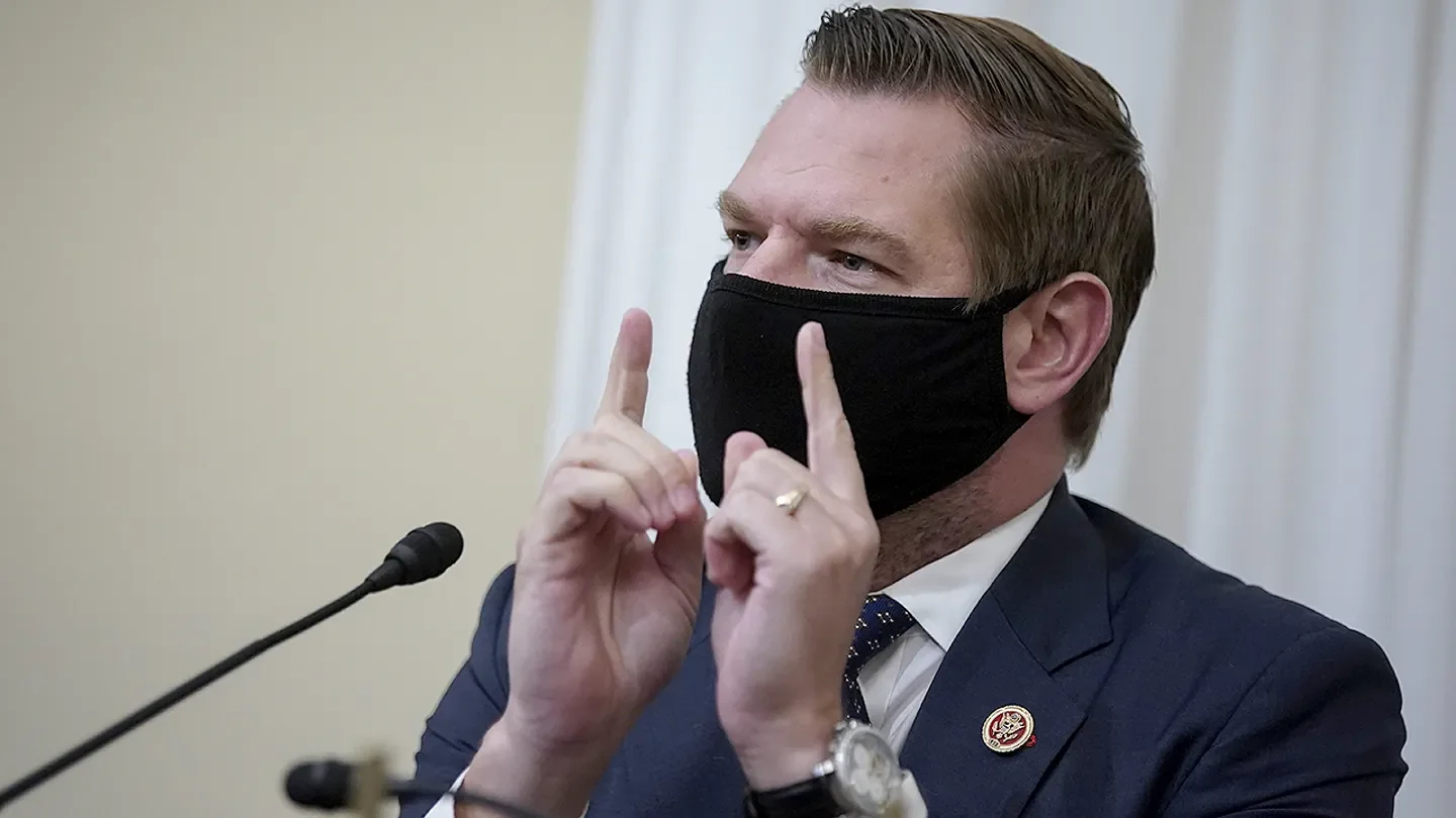 Rep. Eric Swalwell wears a protective mask while speaking during a House Intelligence Committee hearing on April 15, 2021, in Washington, D.C. (Al Drago-Pool/Getty Images)