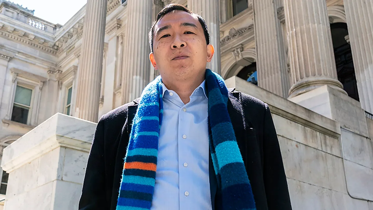 Mayoral candidate Andrew Yang holds a press conference outside of Tweed Courthouse, where the Department of Education is located, to demand the opening of schools in September full-time and in-person, with teachers in the classroom for all students. (Lev Radin/Pacific Press/LightRocket/Getty Images)