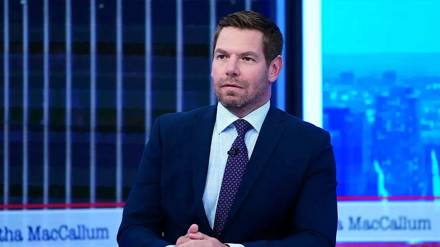 Representative Eric Swalwell, D-Calif., was mocked on X this week after posting a video of himself lifting weights while trashing Republicans. (John Lamparski/Getty Images)