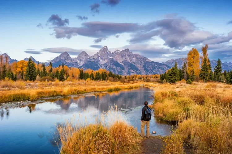 A hiker looking at the view from Schwabacher Landing in Grand Teton National Park, Wyoming. Credit: benedek/Getty Images