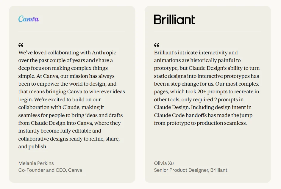 Testimonials from Canva and Brilliant leadership praising Anthropic’s new Claude Design and Claude Code features for streamlining design and production workflows