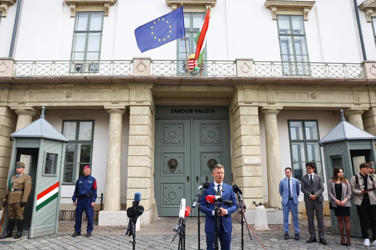 Magyar speaks to reporters at Sándor Palace in Budapest on Wednesday after telling Hungary's president to resign. Bernadett Szabo/Reuters