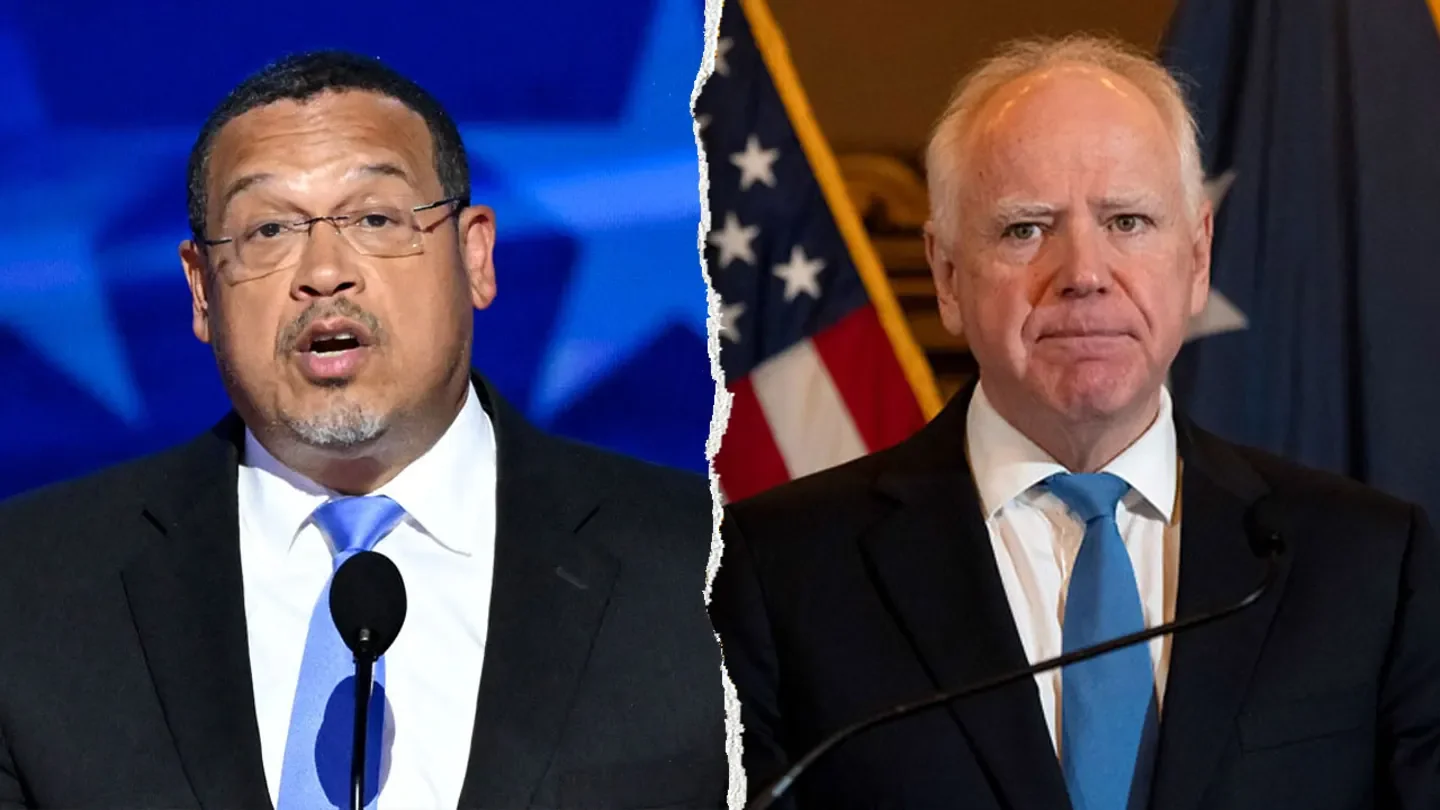 Tafoya claims that Minnesota Gov. Tim Walz, right, and AG Keith Ellison, left, were aware of a multibillion-dollar fraud scheme in the state. Both men testified before Congress on March 4, 2026. (Mandel Ngan/AFP via Getty Images; Jerry Holt/The Minnesota Star Tribune via Getty Images)