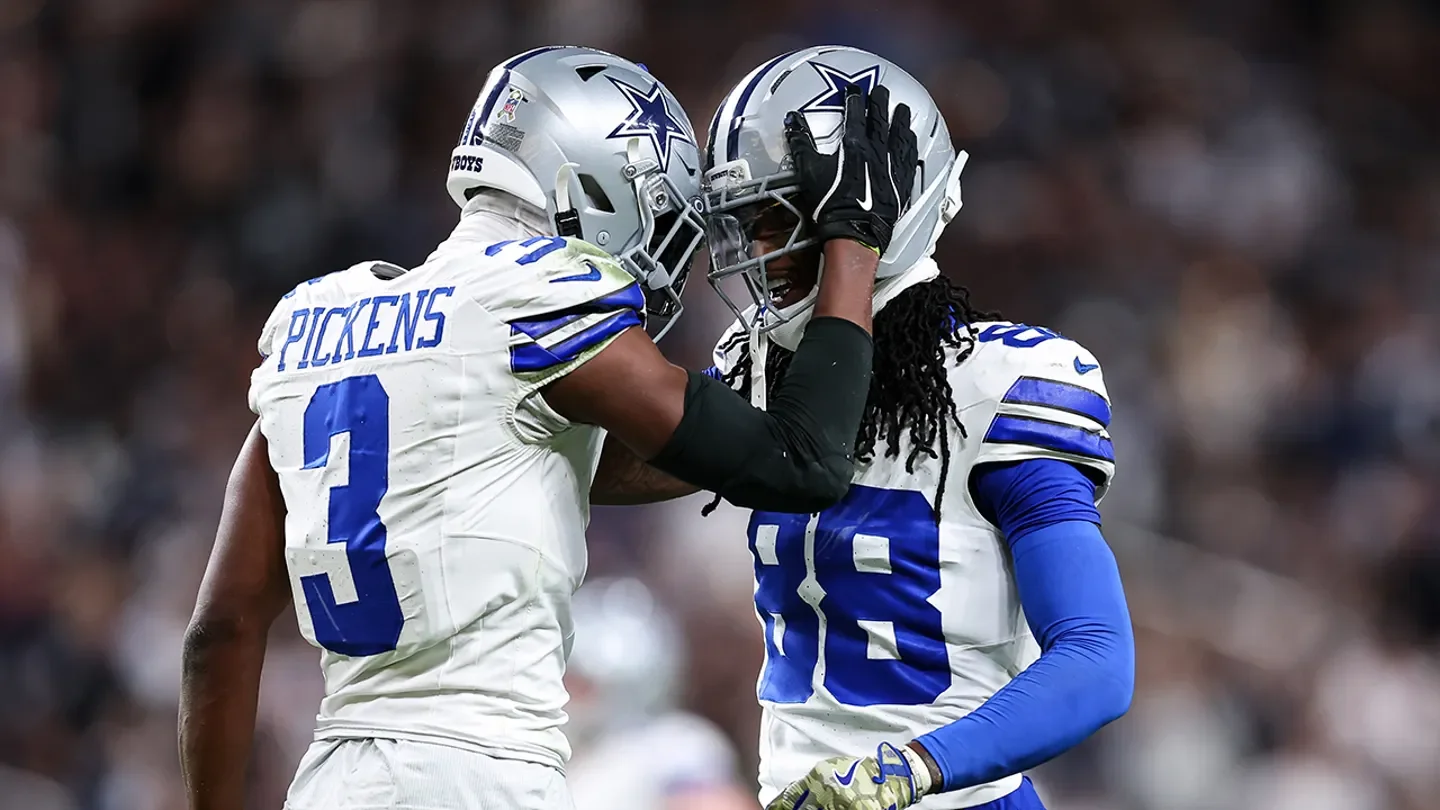 George Pickens and CeeDee Lamb of the Dallas Cowboys celebrate a touchdown during the game against the Las Vegas Raiders at Allegiant Stadium in Las Vegas, Nev., on Nov. 17, 2025. (Brooke Sutton/Getty Images)