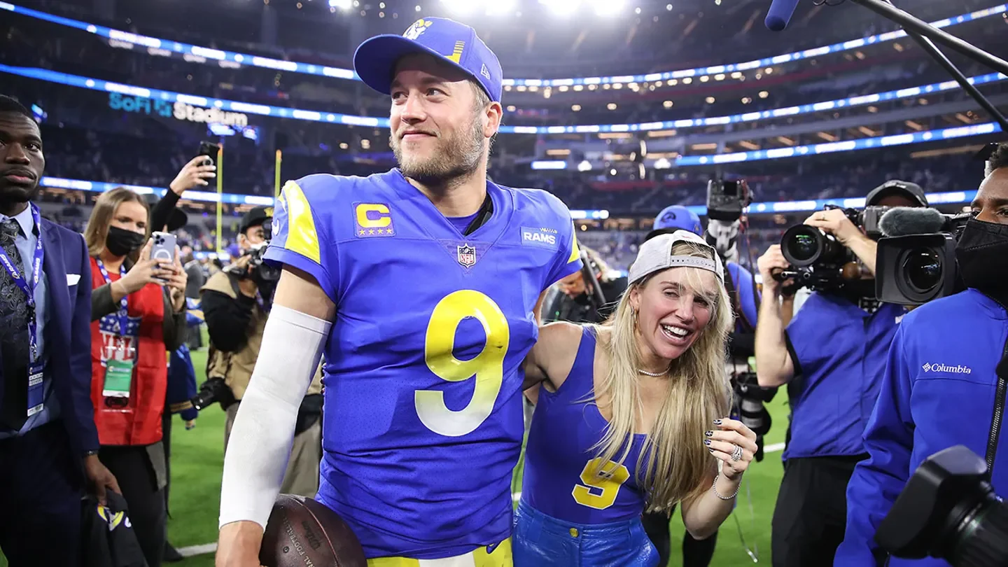 Matthew Stafford and his wife Kelly celebrate after the Los Angeles Rams defeated the San Francisco 49ers in the NFC Championship Game at SoFi Stadium in Inglewood, Calif., on Jan. 30, 2022. (Christian Petersen/Getty Images)