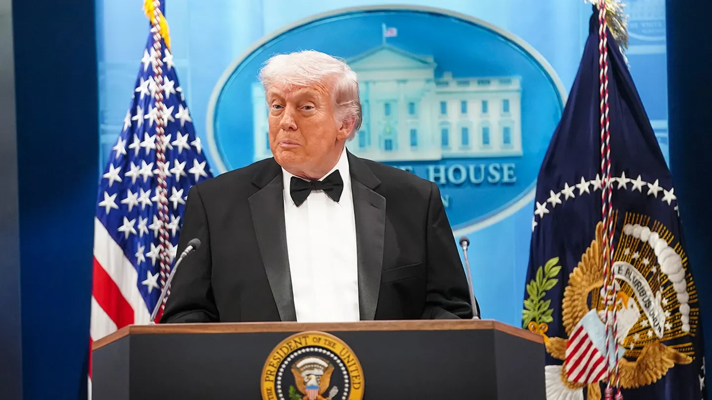 President Trump made a statement after the cancellation of the annual White House Correspondents Association Dinner after a possible shooting.  (Nathan Howard/Getty Images)