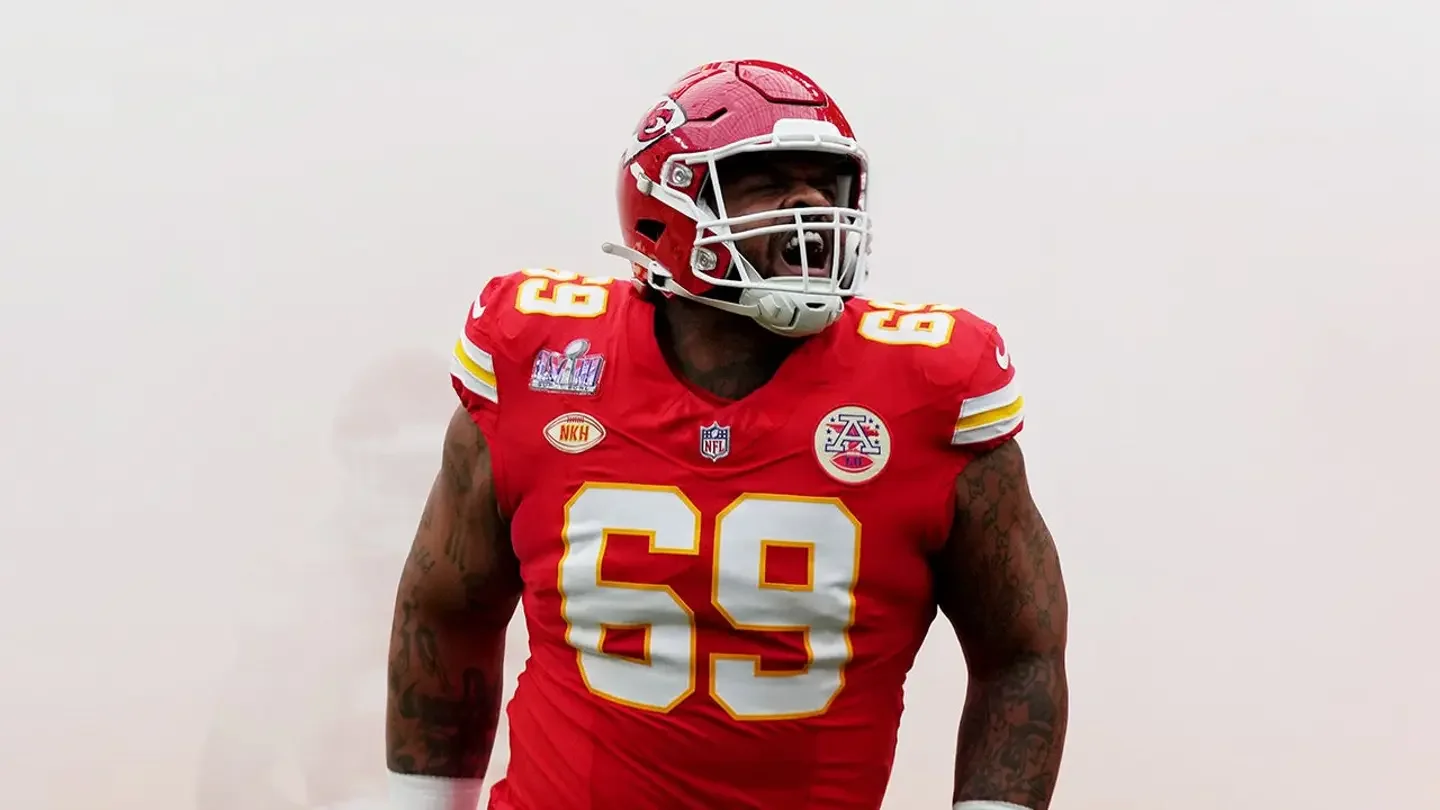 Kansas City Chiefs defensive tackle Mike Pennel Jr. runs on the field before the Super Bowl against the San Francisco 49ers at Allegiant Stadium in Paradise, Nev., Feb. 11, 2024. (Kirby Lee/USA Today Sports)