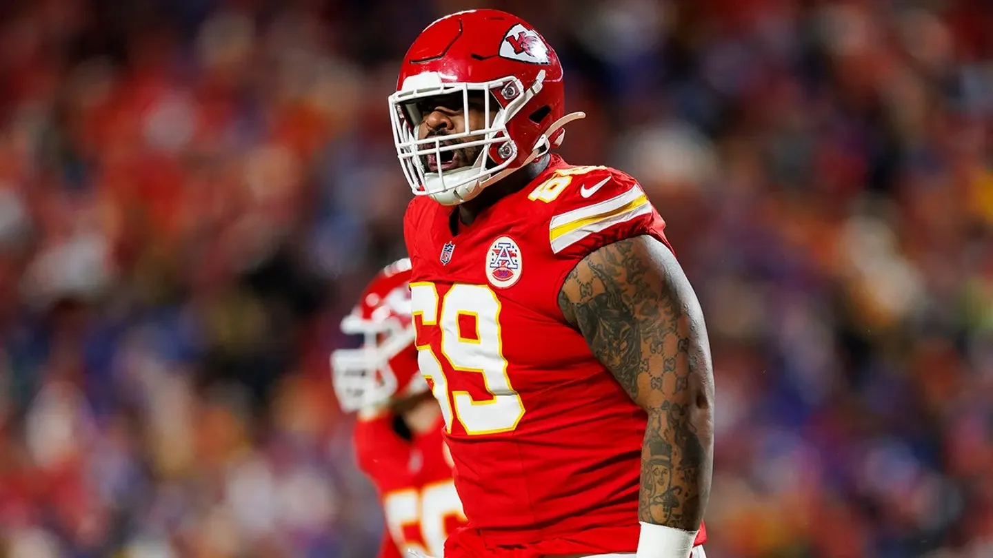 Defensive tackle Mike Pennel Jr. of the Kansas City Chiefs celebrates after stopping a two-point conversion during the first half of the AFC championship game against the Buffalo Bills at GEHA Field at Arrowhead Stadium in Kansas City, Mo., Jan. 26, 2025. (Brooke Sutton/Getty Images)