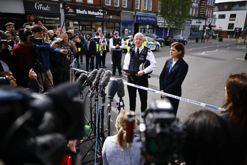 Commissioner of the Metropolitan Police Mark Peter Rowley gives a statement at the scene where two Jewish men are seriously injured after being stabbed in Golders Green, north London, England, Wednesday. Police said the incident is being treated as a terrorist incident, with officers investigating whether the attack deliberately targeted the Jewish community. Photo by Tolga Akmen/EPA