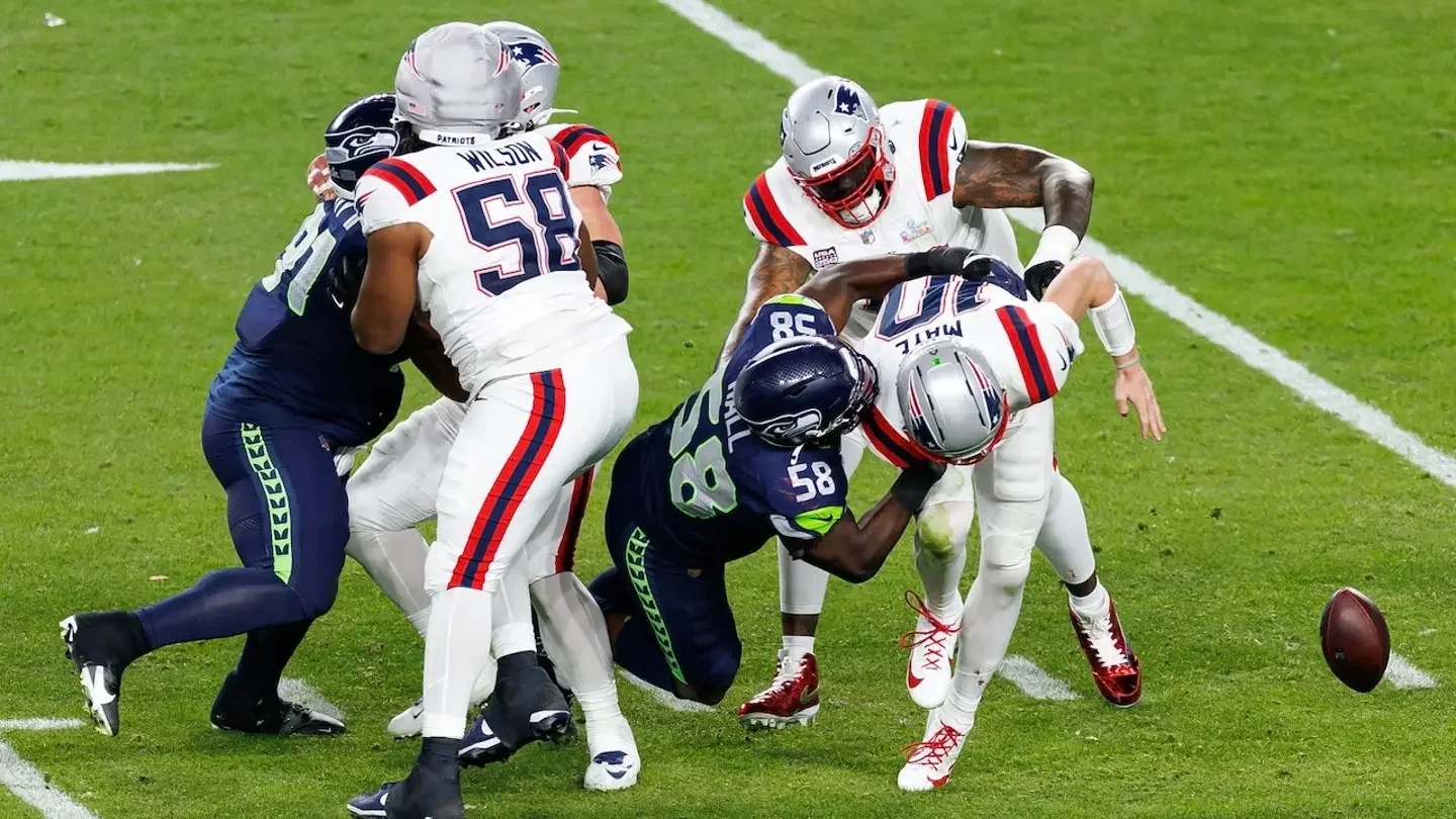 Derick Hall of the Seattle Seahawks strip sacks Drake Maye of the New England Patriots during the third quarter of the NFL Super Bowl LX at Levi's Stadium in Santa Clara, Calif., on Feb. 8, 2026. (Brooke Sutton/Getty Images)