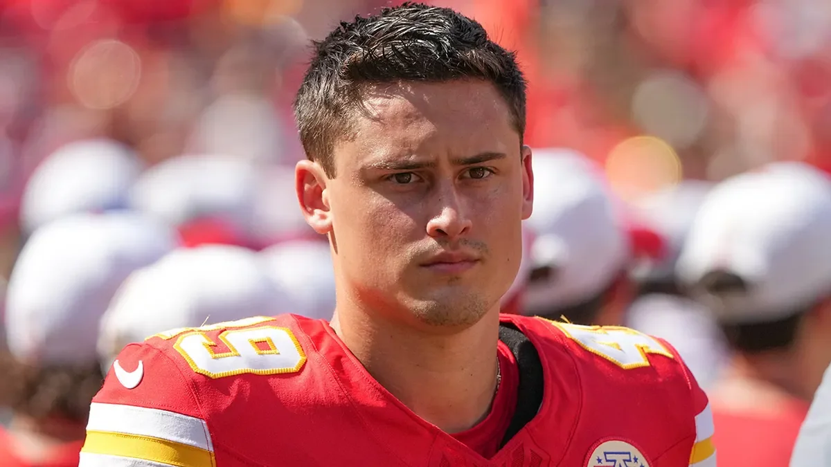 Kansas City Chiefs punter Matt Araiza stands on the sidelines during the game against the Detroit Lions at GEHA Field at Arrowhead Stadium in Kansas City, Mo., on Aug. 17, 2024. (Denny Medley/USA TODAY Sports)