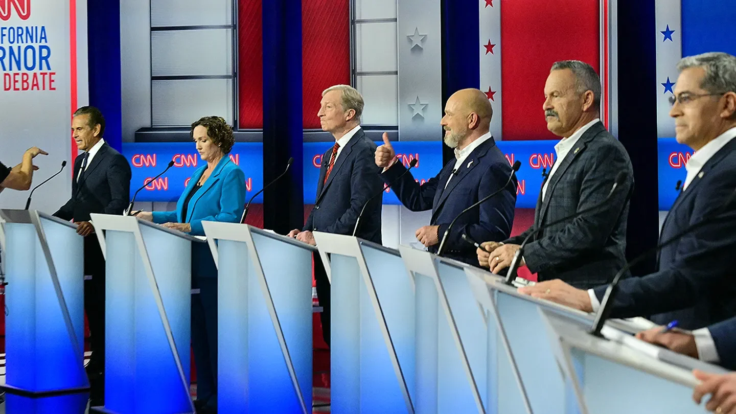 Democratic candidate Antonio Villaraigosa, Democratic candidate Katie Porter, Democratic candidate Tom Steyer, Republican candidate Steve Hilton, Republican candidate Chad Bianco and Democratic candidate Xavier Becerra participate in a California gubernatorial debate at the East Los Angeles College Auditorium in Monterey Park, California, on May 5, 2026. Seven candidates for California governor are participating in the third televised debate, ahead of the June 2, 2026, primary elections. (Frederic J. Brown / AFP via Getty Images)