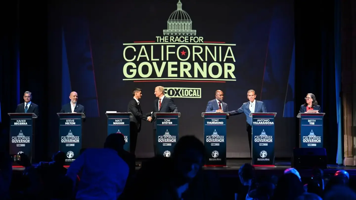 From left, Xavier Becerra, Steve Hilton, Matt Mahan, Tom Steyer, Tony Thurmond, Antonio Villaraigosa and Betty Yee stand on the stage during the California gubernatorial candidate debate Tuesday, Feb. 3, 2026, in San Francisco. (AP Photo/Laure Andrillon)